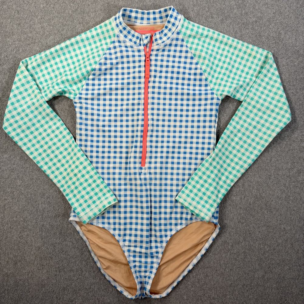 Crewcuts Girls 12 Gingham Long Sleeve Rash Guard Swimsuit UPF 50+ Zipper Blue